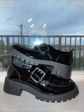 Marc Fisher Black Patent Chunky Lug Sole Moccasins with Silver Buckles